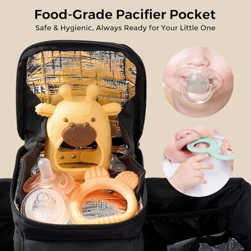 Momcozy Extra Large Stroller Organizer Max | with Food Grade Pacifier Teether Bag | 2 Insulated Cup Holder | Silicone Anti-Slip Straps | 3-Way Usage | Detachable Small Pouch | for UPPAbaby/Doona