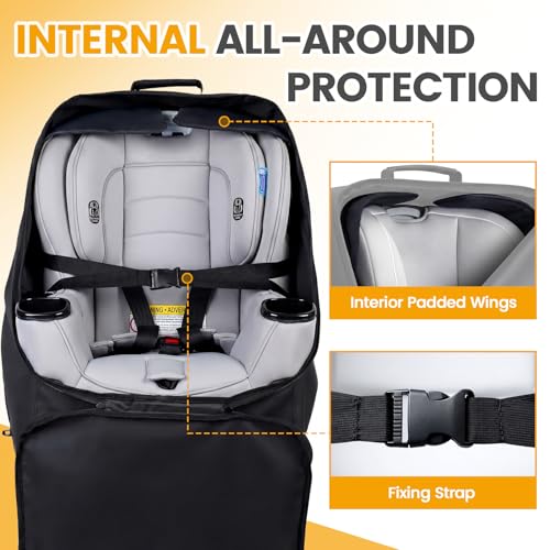 Orzbow Padded Car Seat Travel Bag for Airplane, Carseat Backpack Bags with Side Pocket, Car Seat Carrier with Shoulder & Waist Strap for Airport Gate Check, Universal Fit Carseat & Booster Seat, Black