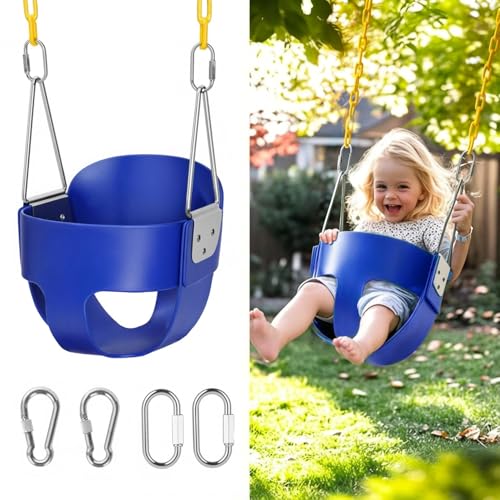High Back Full Bucket, Toddler Swing with Coated Chains & Triangle Dip Pinch Protection for Safety, Baby Swing Outdoor with Locking Buckles, Toddler Bucket Swing for Backyard, Playground, Blue