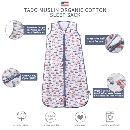 TADO MUSLIN Baby Sleep Sack 2-4 T Baby Wearable Blanket 100% Organic Cotton 0.5 TOG Toddler Sleep Sacks 2‑Way YKK Zipper Soft 4 Layers Muslin 2T 3T 4T Car Truck