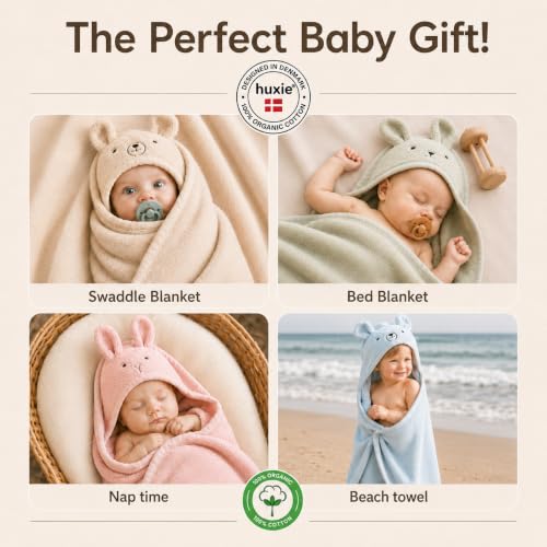 Huxie Hooded Baby Towel – 100% Organic Cotton Baby Bath Towels – Baby Girl Newborn Essentials - Super-Soft and Absorbent. (Rabbit - Blush)