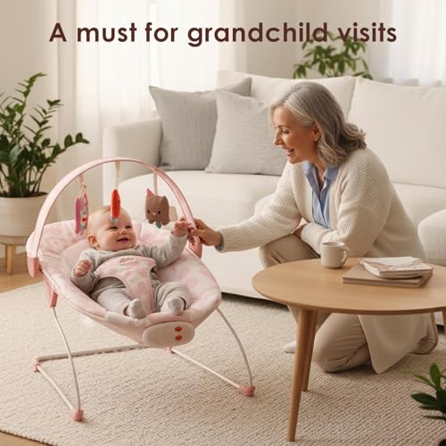 Baby Bouncer – Baby Bouncer seat, Infants Bouncy Seat with Music & Sensory Toys, Machine Washable Seat Pad Indoor Infant Seat, Ideal for Newborns 0-6 Months, 20lbs (Pink Floral)