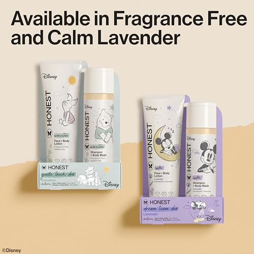 The Honest Company 2-in-1 Cleansing Shampoo and Body Wash, Face Lotion Bundle, Disney Design, Gentle for Baby, Dermatologist Tested, Sensitive Fragrance-Free, 18.5 fl oz