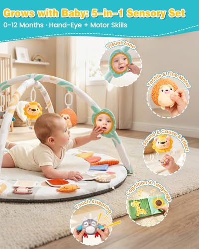 Montessori Baby Play Gym & Activity Mat for Brain Development (0-12Mo) | 5-Sensory Zones + 5 Toys |Portability Tummy Time Activity Mat Stage-Based for Newborn Brain Development Essential & Gift-Ready