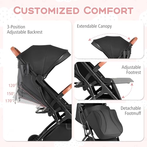 BABY JOY Lightweight Stroller, Compact Travel Stroller with One-Hand Fold, Adjustable Backrest, Canopy, Cup Holder, Footmuff & Storage Basket for Toddlers (Black)