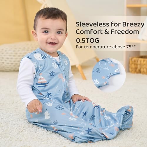 FIEMOL Baby Sleep Sack 0-6 Months, 0.5 TOG Wearable Blanket for Baby Boy and Girl, 2-Way Zipper Newborn and Infant Sleeping Bag 2 Pack, Lightweight Sleep Sacks Blue Whale（Small）