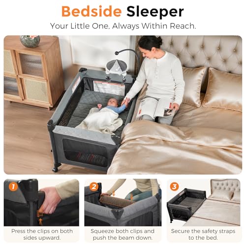 Pamo Babe Pack and Play with Bassinet - 7 in 1 One-Step Setup Bedside Crib, Portable Playpen, Travel Crib, Baby Playard with Diaper Changing Station, Toy Bar & Large Storage Bag