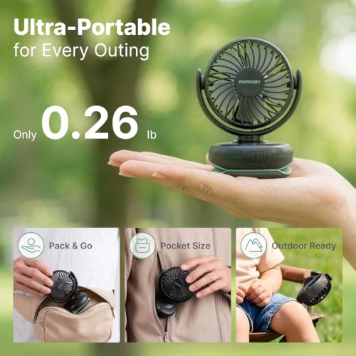 Momcozy Portable Stroller Fan with Clip | 4-Speed Mini-Fan for Carrier | Personal Fans Ultra Light 0.26lb | Gaps ≤4.5mm | Handheld Cooling | Rechargeable Rotate for Diaper Backpack/Table/Chair