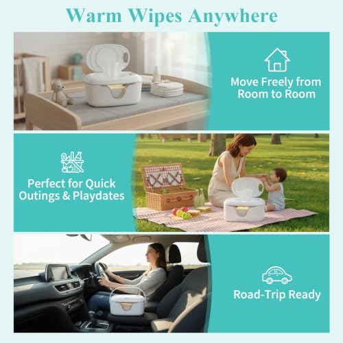 IGERI Portable Baby Wipe Warmer - Cordless Rechargeable Wet Wipes Dispenser for Travel Battery Operated with Nightlight Temperature Control for On the Go