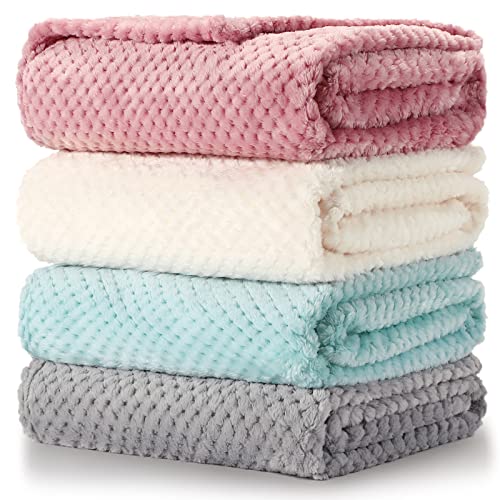 Reginary 4 Pack Fuzzy Blanket 30 x 40'' Waffle Flannel Baby Throw Blankets Warm Nursery & Crib Blankets for Girl & Boy Newborn Infant(Light Blue, Pink, Beige, Gray)