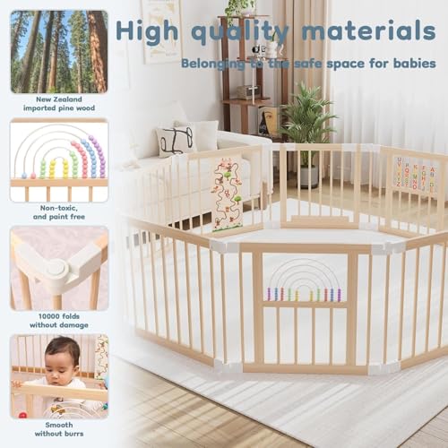 Ulnxiy Wooden Baby Playpen with Montessori Toys, 10-Panel Foldable Wood Play Yard for Toddlers, 84"x56" Large Baby Fence with Safety Lock, CPC Certified Natural Pine Wood Activity Center