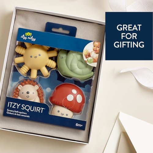 Itzy Ritzy Water-Squirting Sensory Bath Toys – Soft, Textured & Easy to Squeeze for Babies & Toddlers – Characters for Fun & Motor Skill Development - Set of 4 Includes Sun, Snail, Mushroom & Hedgehog