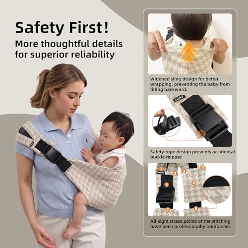 Lujifo Baby Sling Carrier for Toddler, Houndstooth Baby Carrier Sling, Premium Cotton Linen Adjustable in Both Front and Back Shoulder Strap, Portable and Lightweight Toddler Carrier