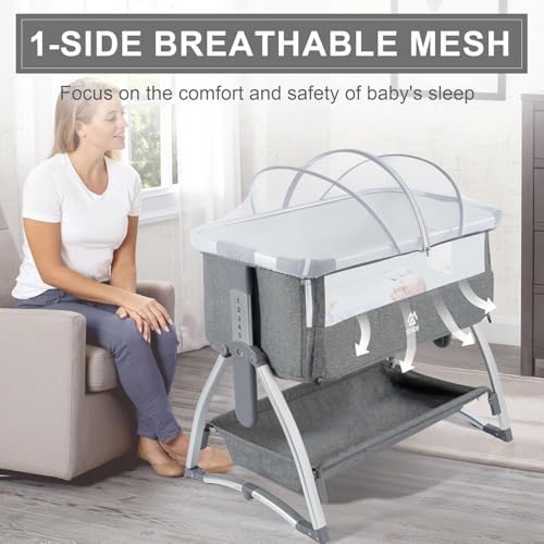 Elevon Bedside Bassinet, 4-in-1 Baby Bedside Sleeper with Rocking Mode, Breathable Mesh, Built-in Wheels, Adjustable 7 Heights, Portable Infant Bassinet with Mattress and Storage