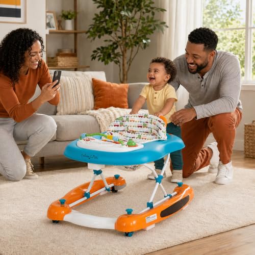 Dream On Me Go-Getter Baby Walker with Rear Push Handle, 2-in-1 Activity Walker and Walk-Behind, 3 Height Adjustments, Easy to Fold, Machine-Washable Seat Pad, Detachable Fun Tray, Orange