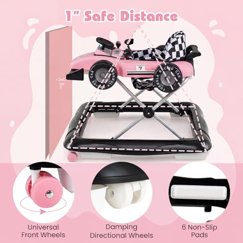 BABY JOY 4-in-1 Baby Walker, Foldable Activity Walker with Push Mode, Adjustable Height, Lights, Anti-Rollover, Baby Walker with Wheels for Boys Girls 6-18 Months (Pink)