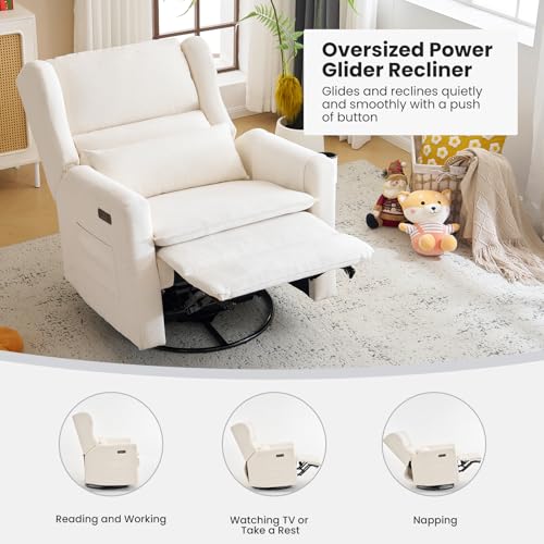 RUTOX Power Recliner Chair Swivel Glider with Adjustable Headrest，Oversized Swivel Rocker Recliner with Lumbar Support, Upholstered Nursery Glider Recliner for Living Room,White