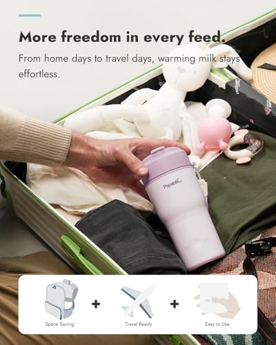 Papablic Portable Bottle Warmer, 85W Fast Baby Bottle Warmer for Travel & Home, Heats Breastmilk & Formula & Water, 4 Temperature Settings, Wide Mouth, Fits Car Cup Holder (Purple)