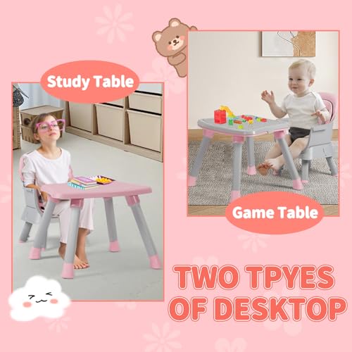 Kinder King 8 in 1 Baby High Chair, Coverts to Dining Booster Seat/Kids Table & Chair Set/Toddler Building Block Table/Kids Stool, Removable Tray & Double Seat Cover, Easy to Wipe, Grey & Pink