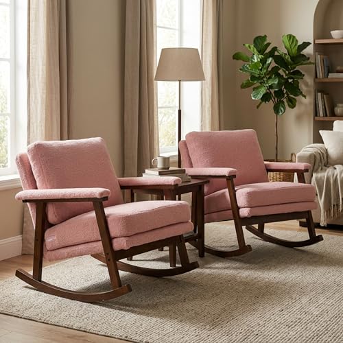 XJJWFR Rocking Chair Nursery, Compact Glider Rocking Chair for Indoor Use, Small Upholstered Rocker Chair for Bedroom Living Room, Teddy Fleece Accent Chair, Pink