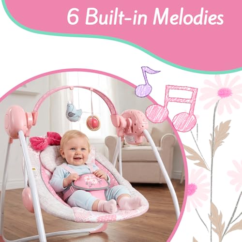 Portable Baby Swing, Pink Electric Infant Swing with 5 Speed Levels, 6 Songs & Timer – Battery-Powered Only (No Batteries Included) Pink and White