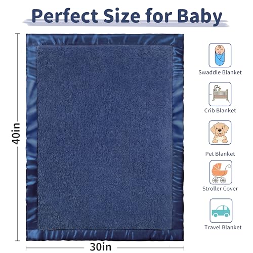 Pro Goleem Baby Boy Blanket, Fleece Baby Blankets for Boys with 2 Inch Satin Trim, Super Soft Plush Receiving Blanket for Infant Newborn, Cozy 30x40 Inch Stroller & Nursery Blanket,(Navy Blue)