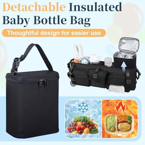 GDNasist Double Stroller Organizer Compatible with Bob Duallie and Baby Jogger City Mini GT2, Double Baby Stroller Accessories with Cooler Bag, Parent Console Double Jogging Stroller Caddy, Black