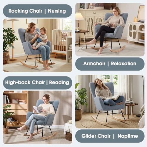 Sudwesto Nursery Rocking Chair, Teddy Upholstered Glider Chair with High Backrest, Tufted Rocker Glider Chair with Thick Cushion, Cozy Rocking Armchair, Rocker Padded Seat for Bedroom(Blue)