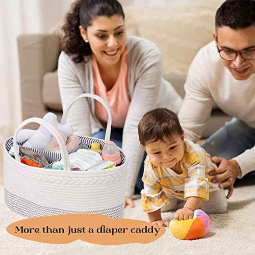 luxury little Diaper Caddy Organizer, Large Cotton Rope Nursery Baby Basket, Changing Table Organizer for Baby Diaper Storage, Portable Car Organizer Removable Divider (Off White, Extra Large)