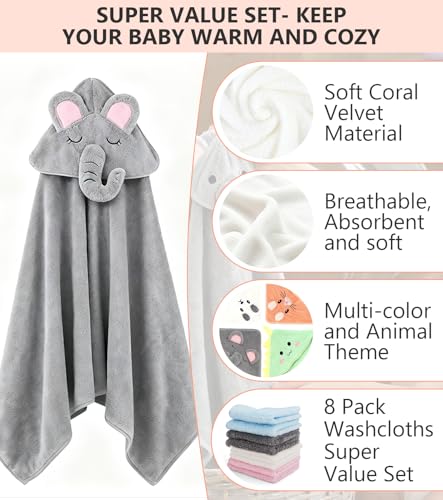 Spearlcable 12 PCS Baby Bath Towels for Infants Toddlers, 4 PCS Animal Hooded Baby Towels + 8 PCS Washcloths Set, Ultra Absorbent Cute Soft Baby Towels for Newborn Bath Essentials Gifts for Boys Girls