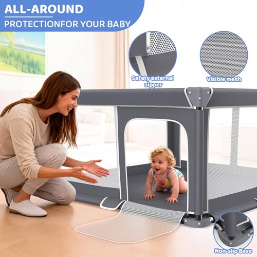Foldable Baby Playpen - 50"x50" Safety Play Yard for Babies & Toddlers - Indoor & Outdoor Use with Carry Bag - Collapsible, Portable Play Yard, Dark Gray