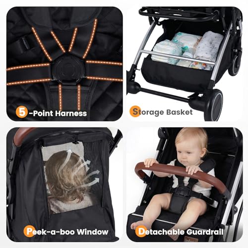 INFANS Travel Stroller, Lightweight Compact Baby Stroller for Airplane with One-Hand Fold, Multi-Position Recline, Canopy, 4 Wheel Suspension, Storage Basket (Black+Silver)