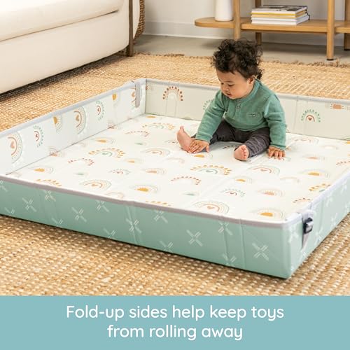 Infantino Foldable Soft Foam Play Mat, Reversible 57x57” Baby Mat for Floor Time, Lightweight, Portable & Easy to Store, Water Resistant, Wipeable, Rainbows