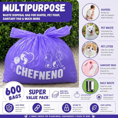 Baby Disposable Diaper Sacks (600 ct.) Fresh Baby Powder Scented, Easy-Tie Diaper Sacks Disposal Bulk Diaper Sacks Dog Poop Bags Cat Litter Waste Bags Sanitary Pads Disposal Bags (600 Bags, Purple)