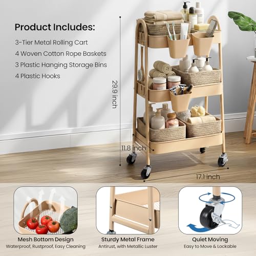 3-Tier Rolling Utility Cart with 4 Woven Baskets, Diaper Book Snack Cart, Storage Organizer for Nursery, Kitchen, Craft Room, Home SPA, Living Room, Metal Frame Trolley on Lockable Wheels, Brown