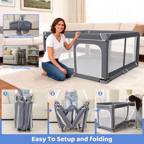 Foldable Baby Playpen - 50"x50" Safety Play Yard for Babies & Toddlers - Indoor & Outdoor Use with Carry Bag - Collapsible, Portable Play Yard, Dark Gray