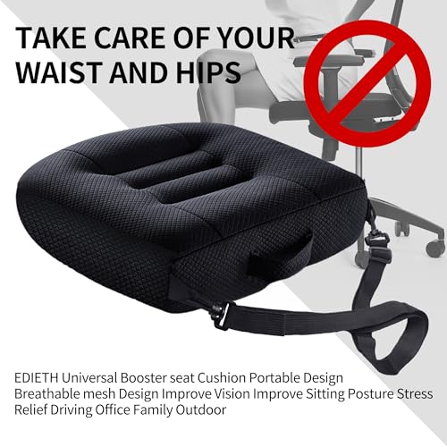 EDIETH Universal Booster Seat Cushion with Adjustable Height, Breathable Mesh Portable Design with Straps, Improve Vision Improve Sitting Posture Stress Relief Driving Office Family Outdoor - Black