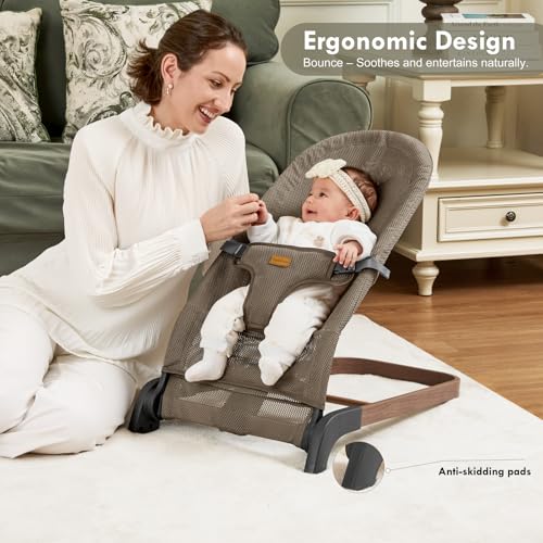 Foldable Baby Bouncer, Baby Bouncer Seat with 3 Adjustable Heights, Portable Newborn Rocker, Ergonomic Bouncer Seat for Natural Bounce, Bouncer for Babies 0-6 Months, Breathable Mesh (Light Brown)