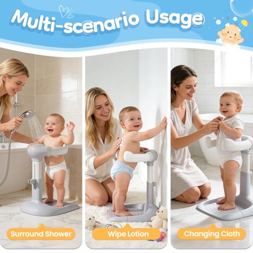 Upgraded Baby Shower Stand with Anti-Pinch Silicone & Anti-Slip Base, Adjustable Height Baby Bath Standing Support, Soporte para Bañera de Bebé Assist Holder for 6-36 Months Toddler, Ideal Gift, Gray