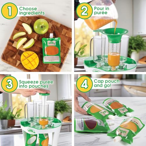 Baby Food Maker For Infants & Toddlers (11 Piece Set)- Make 4 6oz Food Squeeze Purees at Once w/ Fill Station, Pouches, Funnel, Tubes & Plunger- Dishwasher Safe & BPA Free for Homemade Semi-Solid Food