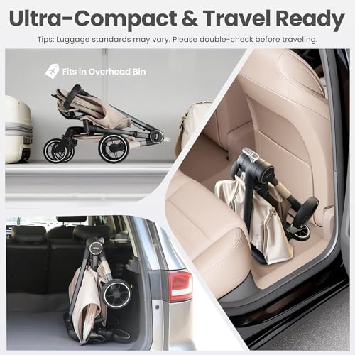 QPlay Travel Stroller for Baby & Toddlers Ages 6 Months to 4 Year Old – 9.48lbs Lightweight & Ultra-Compact Umbrella Stroller with One-Hand Fold, Airplane Carry-on Size, Reclining Seat (Beige)