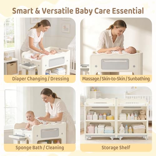 Baby Changing Table, with Lockable Wheels Foldable Portable Diaper Station, Waterproof Nursery Unit for Newborn Infant Essentials Storage Baskets & Cradle Travel-Friendly Easy-Clean Surface Compact