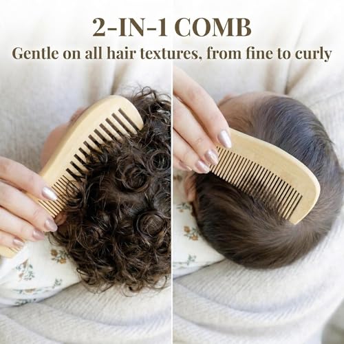 Wooden Baby Hair Brush Grooming Kit with Beech Wood Goat Hair Brush, Cradle Cap Brush, Silicone Scalp Massager, Ultra Soft Bristle Brush | Gender Neutral Newborn Hairbrush Set for Boy or Girl