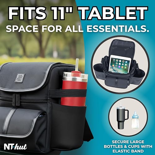 NT·hut Baby Stroller Organizer, Stroller Caddy , 2 Wide Cup Holders & Stability Bottle Straps, Adjustable Shoulder Strap, Fits 11" Tablet, Magnetic Pocket, YKK Zippers & Mesh Pockets, Waterproof