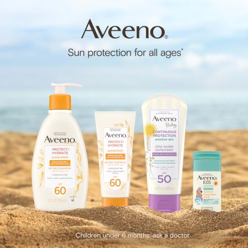 Aveeno Kids Continuous Protection Zinc Oxide Broad Spectrum Sunscreen Lotion for Kids’ Sensitive Skin. SPF 50 Oxybenzone Free Sunscreen, Tear- and Sweat-Free and Water-Resistant, Non-Greasy, 3 Fl Oz