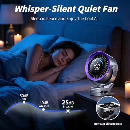 duludulu Portable Clip on Fan, Rechargeable USB Desk Fan with Turbo Airflow, 100 Speeds LED Display, 360° Rotation, Small Quiet Battery Powered Fan for Stroller Outdoor Travel Camping Golf Cart, Grey