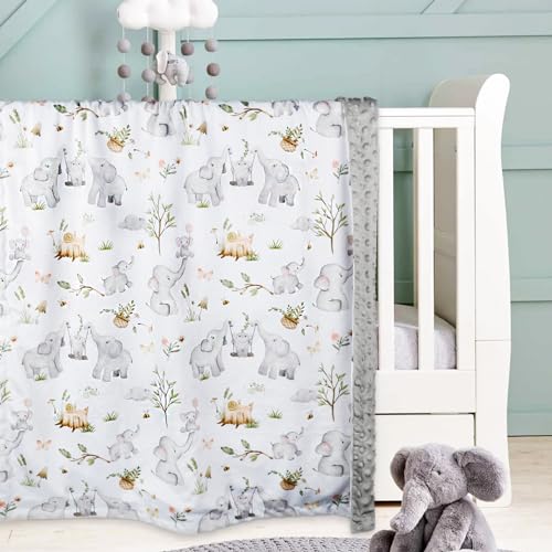 BOPRIO Baby Blankets for Unisex Boys Girls, Super Soft Nursery Minky Blankets with Baby Elephant Design and Dotted Fleece Backing, Printed Bed Throws Newborn