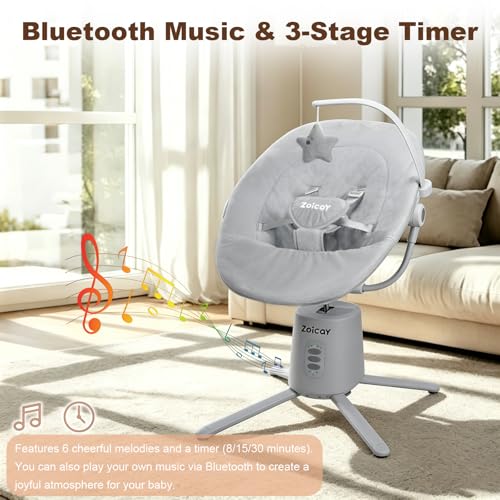 Zoicay Baby Swing,Baby Swings for Infants with 3 Modes & 5 Speeds, BT Enabled App & Remote Control, Electric Swing – 6 Melodies and 3 Timer Setting, 2 Seat Positions and 5-Point Harness Swing (Gray)
