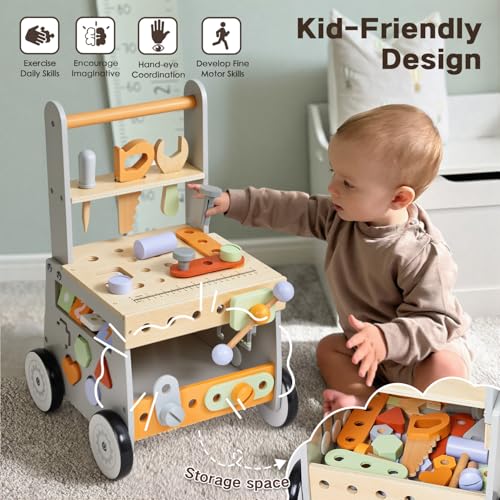 labebe Wooden Baby Walker, Baby Push Walker, Tool Toy for Toddlers, Adjustable Speed Baby Walker with Wheel, Learning Activity Walker for Girls Boys