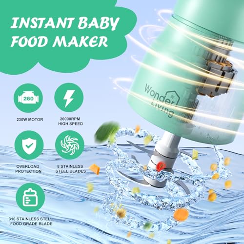 Wonder Living Baby Food Maker with Glass Cups & Freezer Tray, Compact Baby Processor for Smoothies, Hands-Free One-Touch, 230W Motor